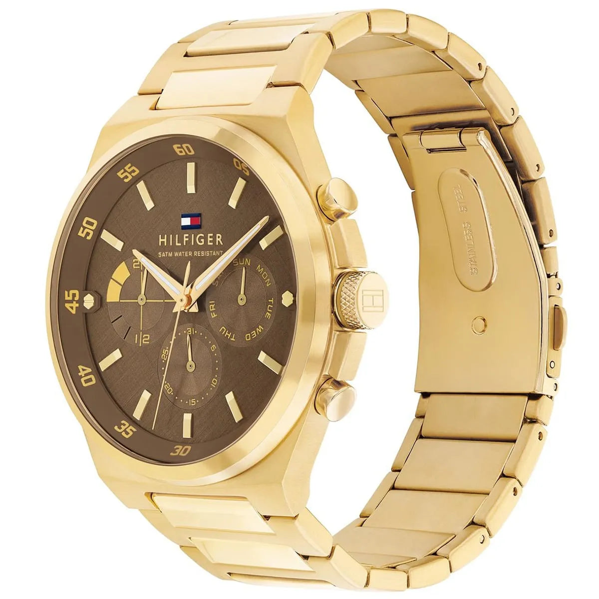Side profile of Tommy Hilfiger Dexter gold watch showing bracelet links and crown