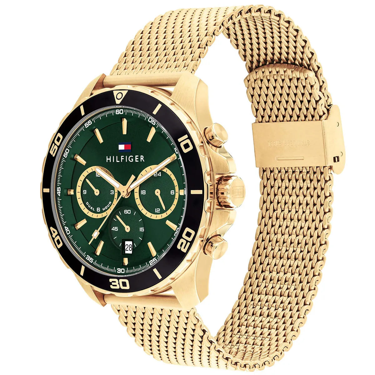 Tommy Hilfiger Chronograph Dark Green Dial Gold Mesh Strap Men's Watch - 1792093
