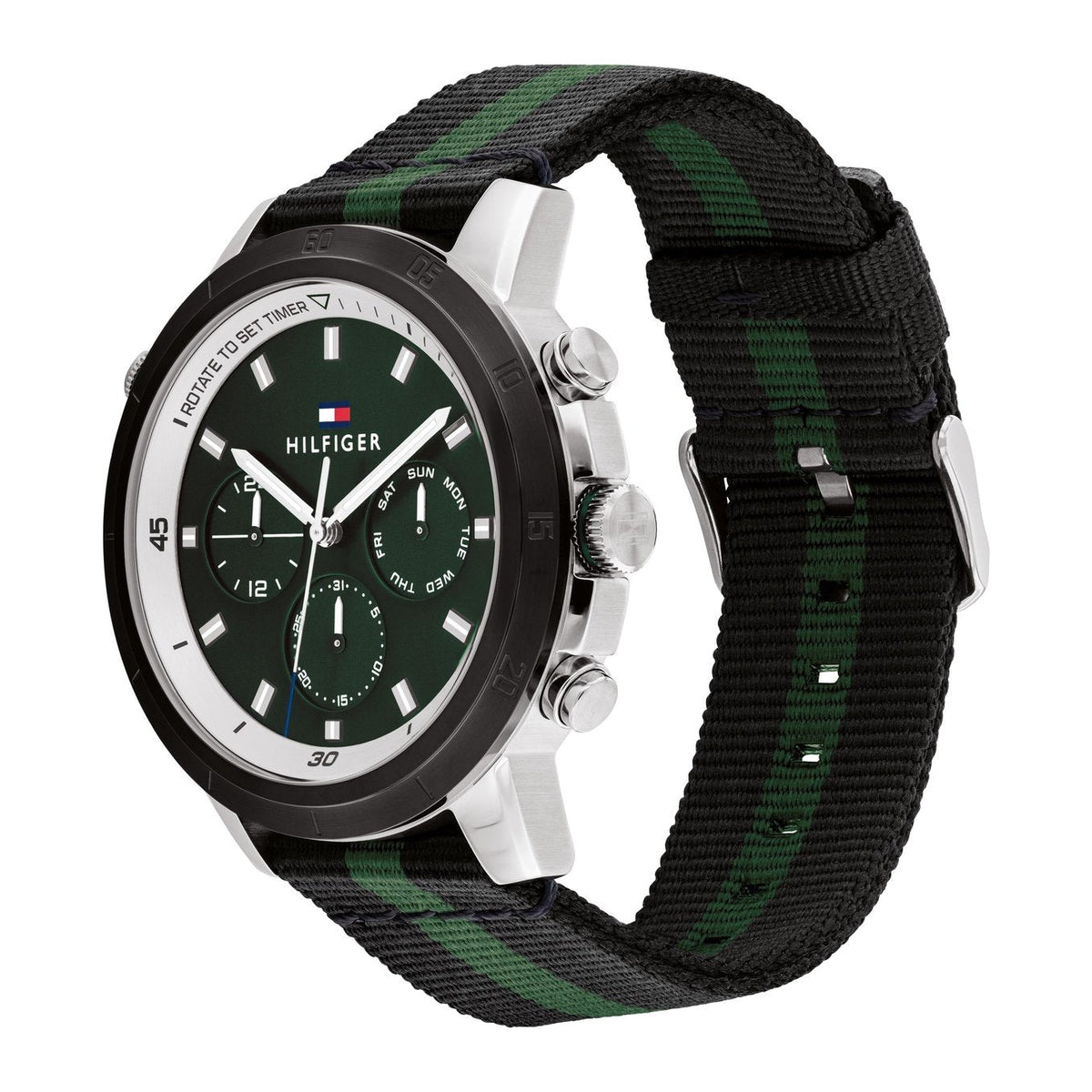 Tommy Hilfiger Troy men's watch side angle showing profile with black-green recycled strap