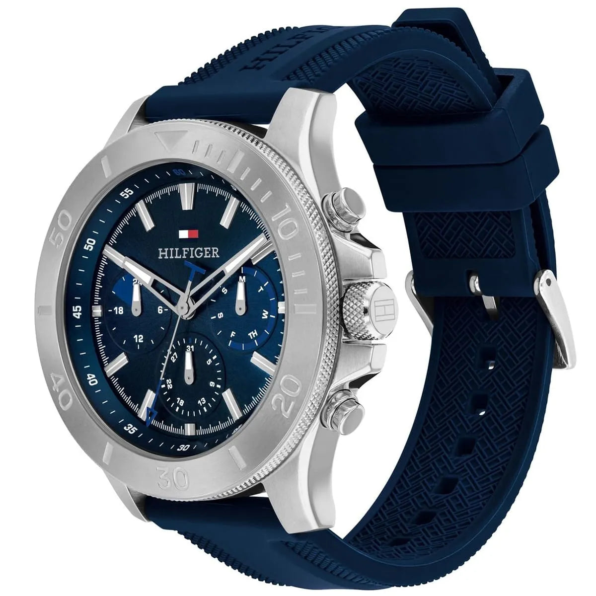 Side angle view of Tommy Hilfiger men's watch with blue silicone strap and chronograph dial