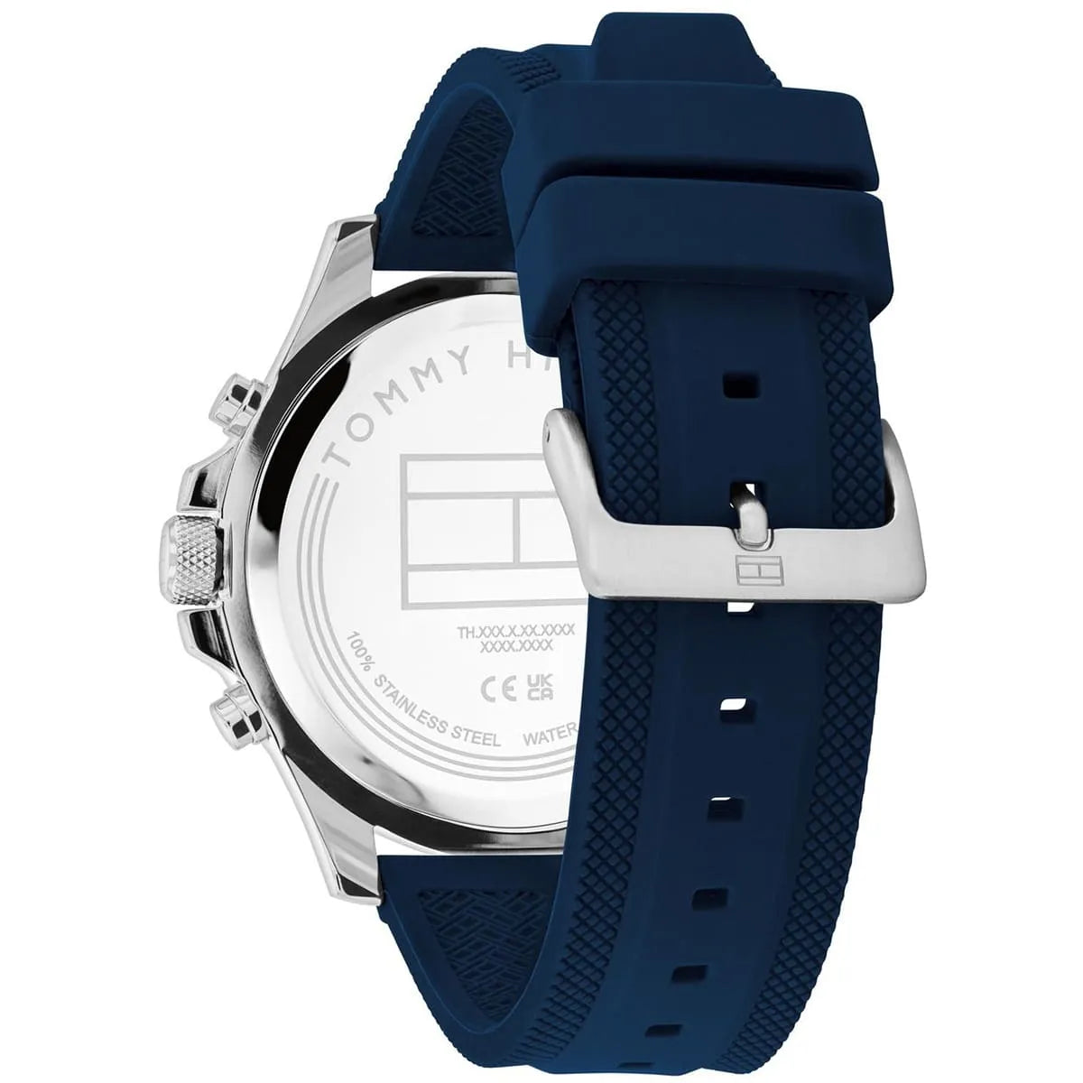 Tommy Hilfiger watch caseback showing stainless steel construction and model details
