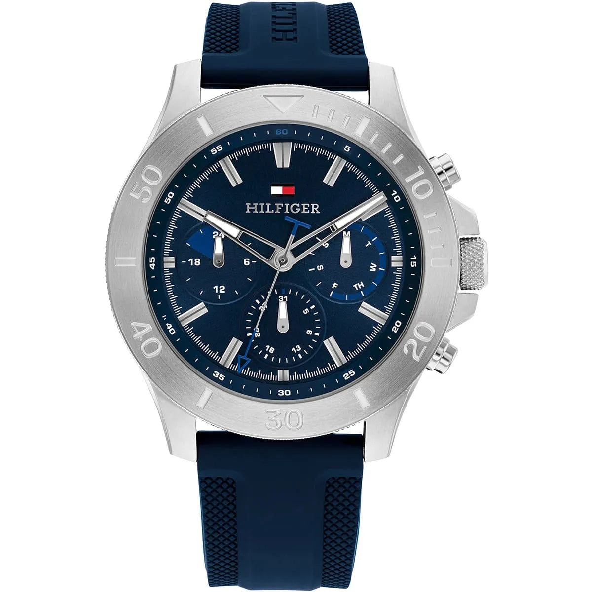 Tommy Hilfiger blue dial chronograph watch with stainless steel case and blue silicone strap