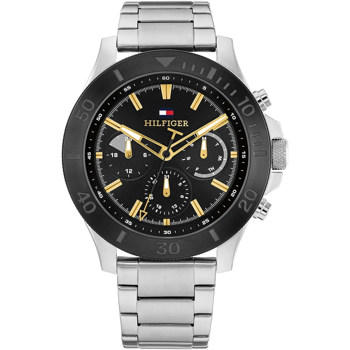 Tommy Hilfiger men's watch with stainless steel case, black dial, gold indices, and silver metal bracelet