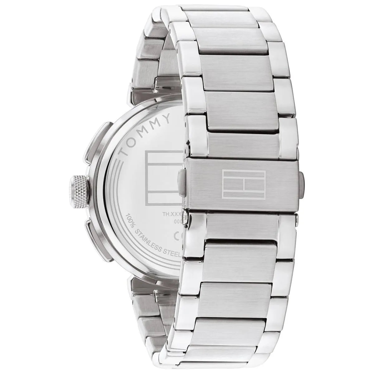 Tommy Hilfiger Lorenzo watch caseback and stainless steel bracelet detail