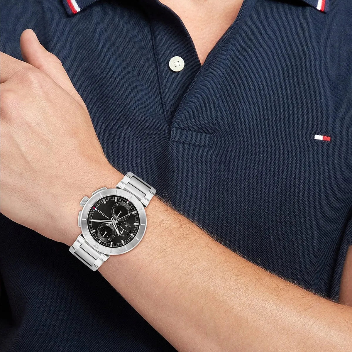 Tommy Hilfiger Lorenzo watch worn on wrist with silver bracelet