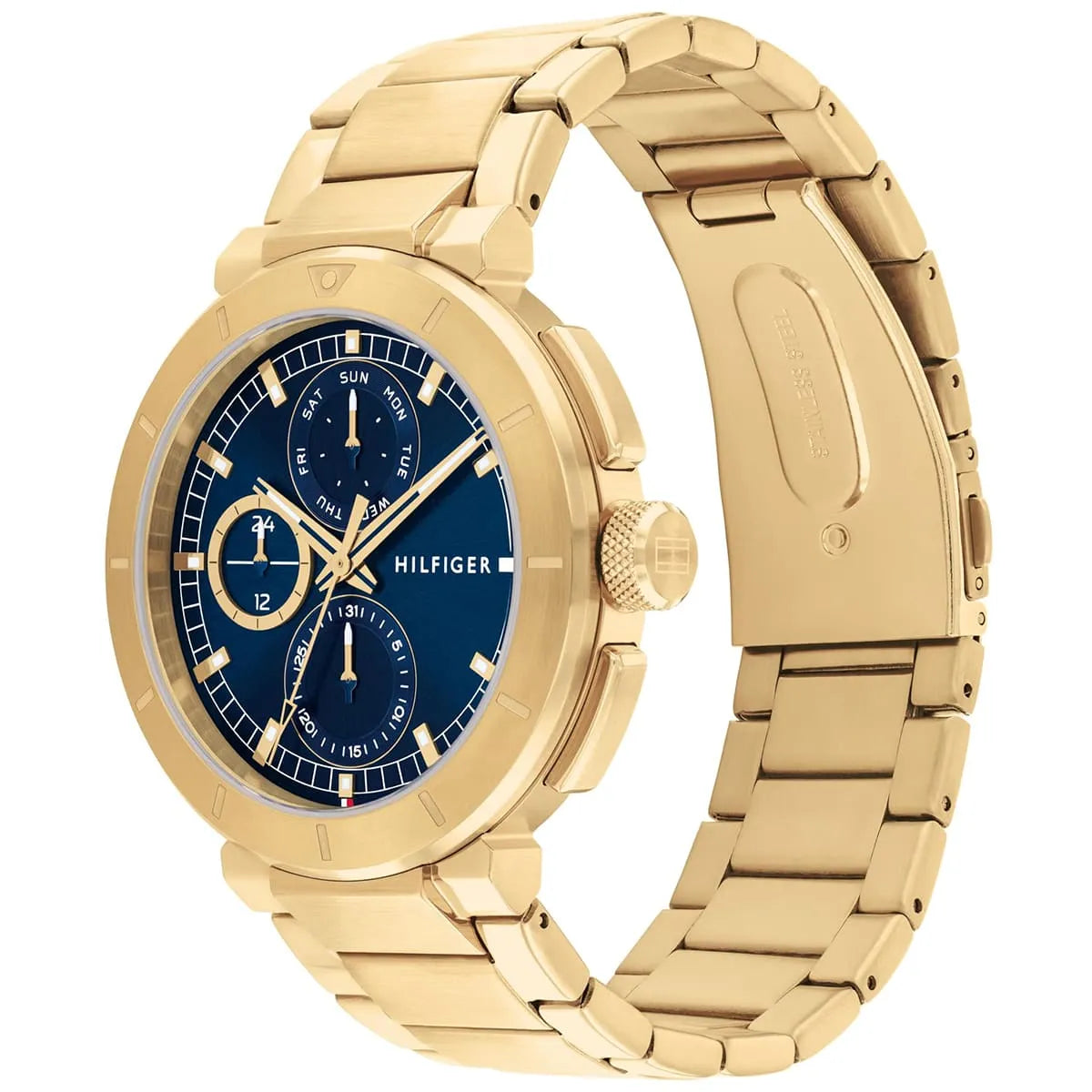 Tommy Hilfiger Lorenzo watch shown from three-quarter angle with gold metal bracelet