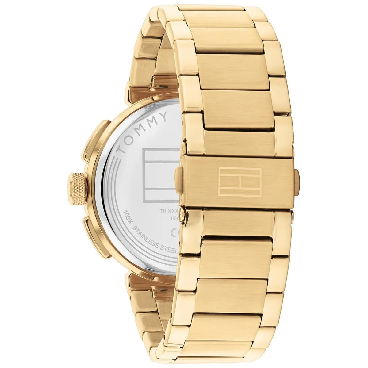 Side view of Tommy Hilfiger Lorenzo watch showing caseback and gold bracelet detail
