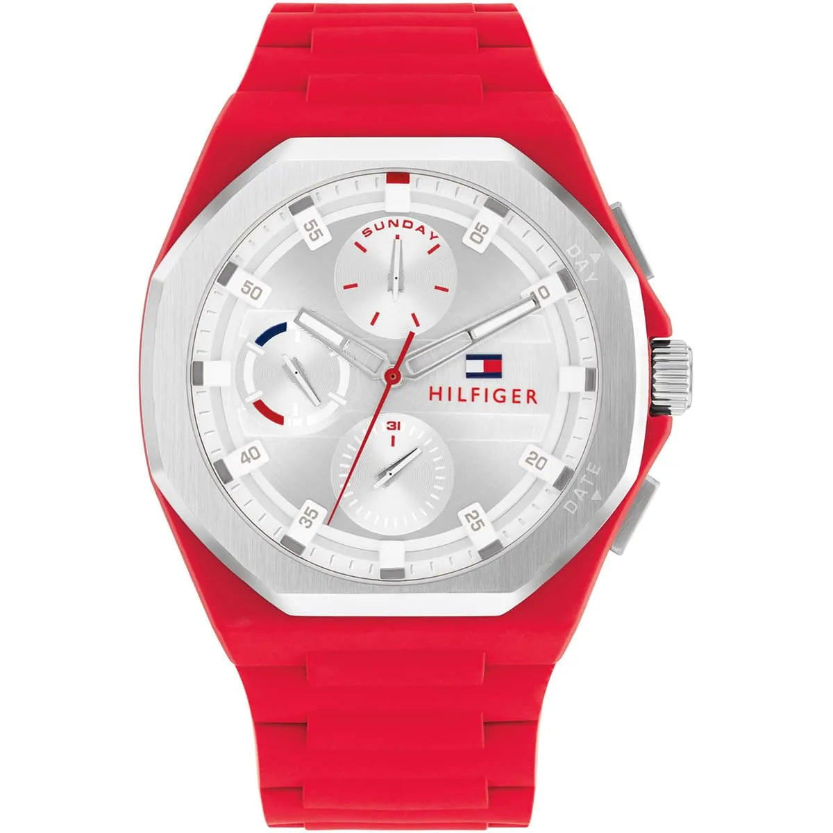 Tommy Hilfiger Neo watch with silver dial, red rubber strap, and day-date window
