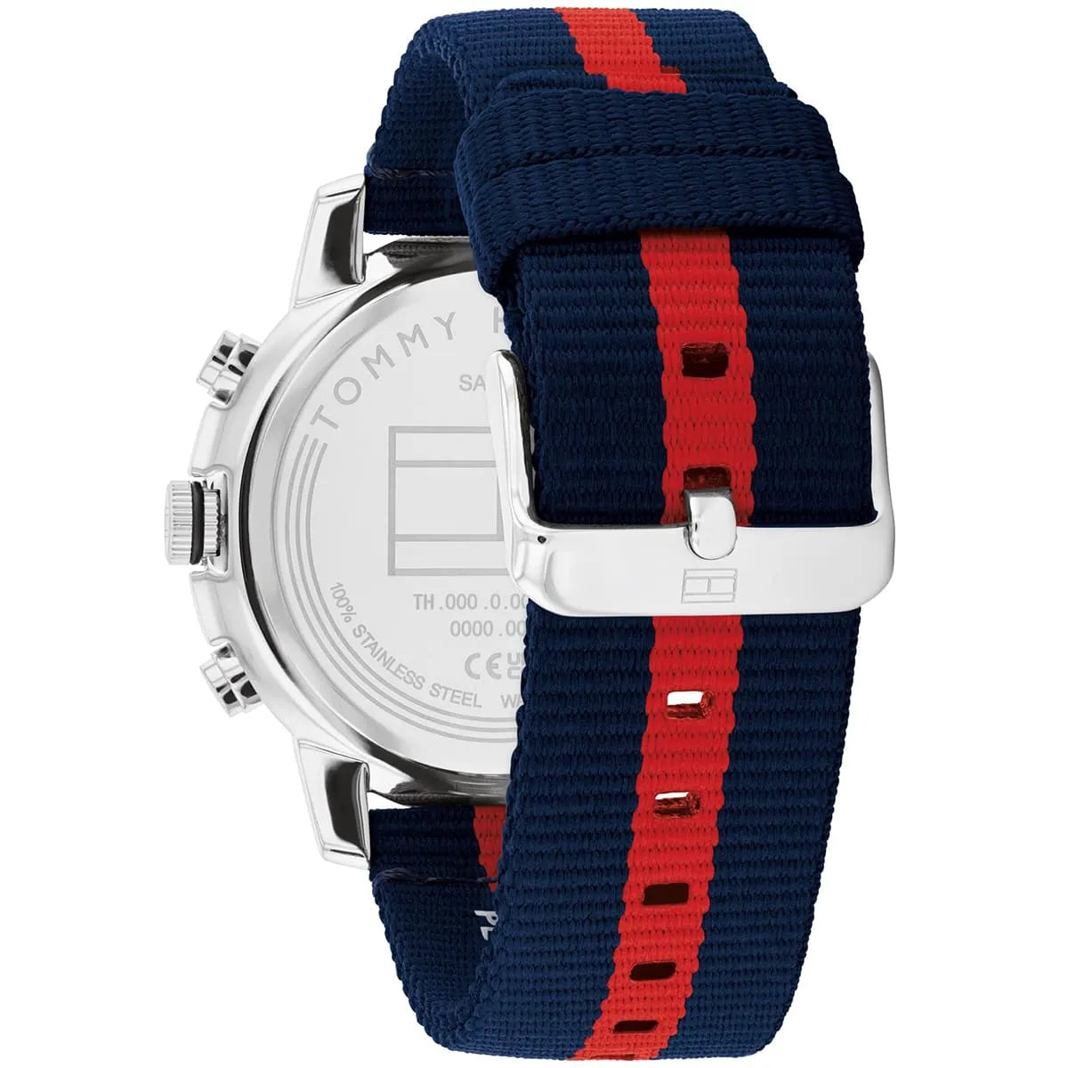 Back view of Tommy Hilfiger chronograph watch showing caseback and strap