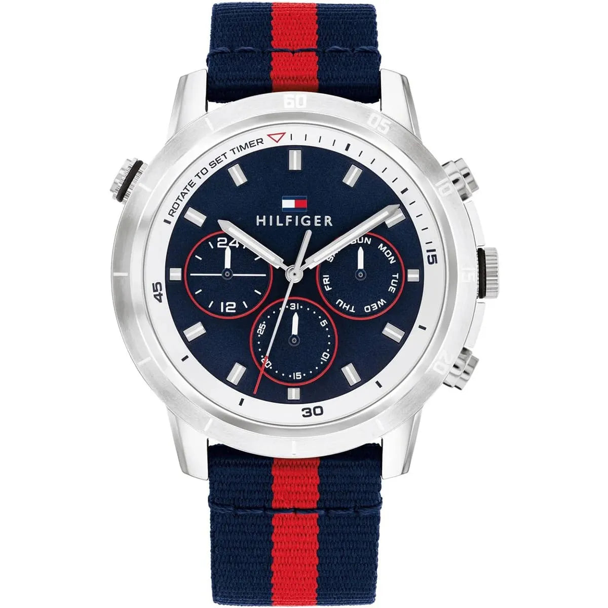Tommy Hilfiger chronograph men's watch with blue dial and navy-red striped fabric strap