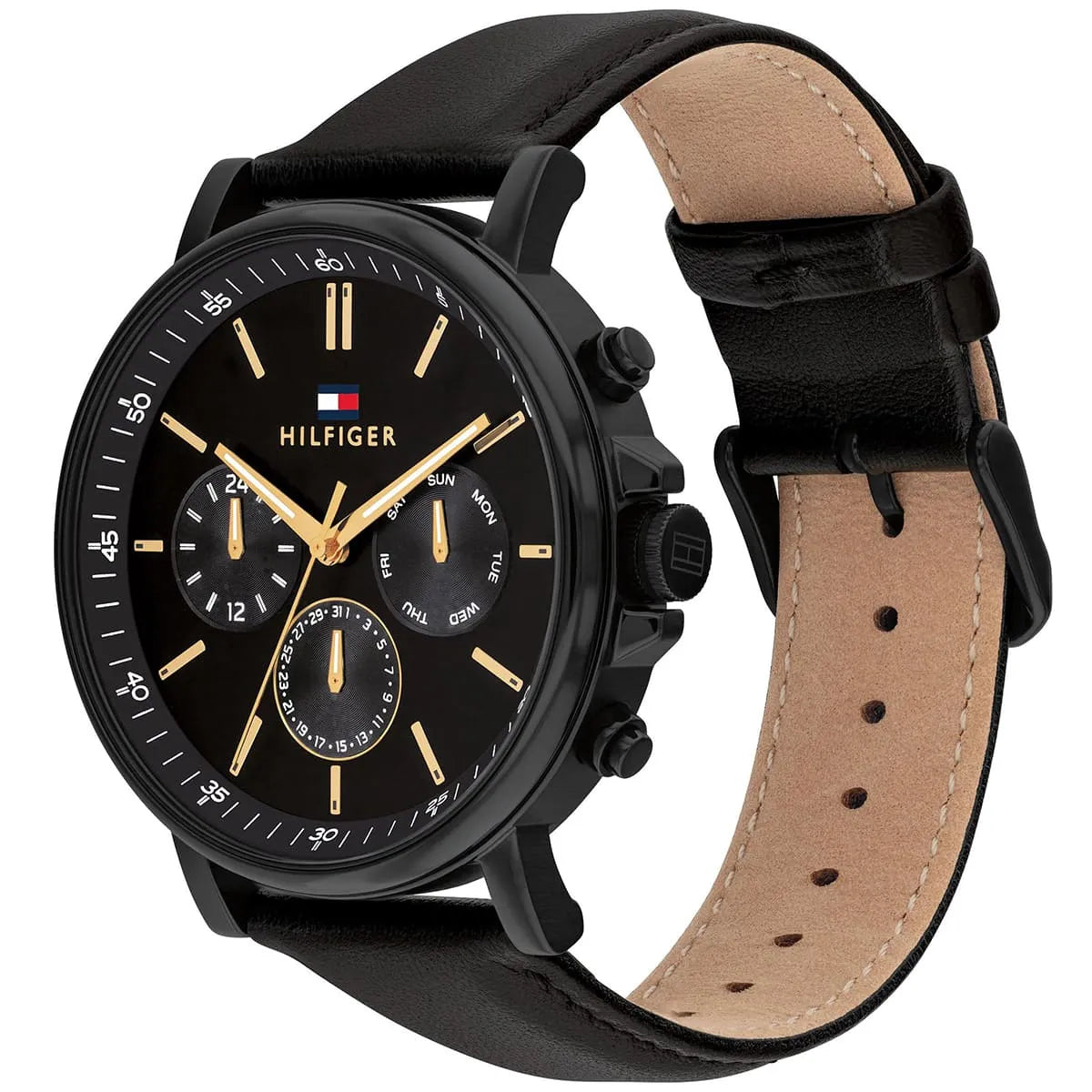 Tommy Hilfiger TYSON watch angled view showing black leather strap with tan suede interior and chronograph subdials