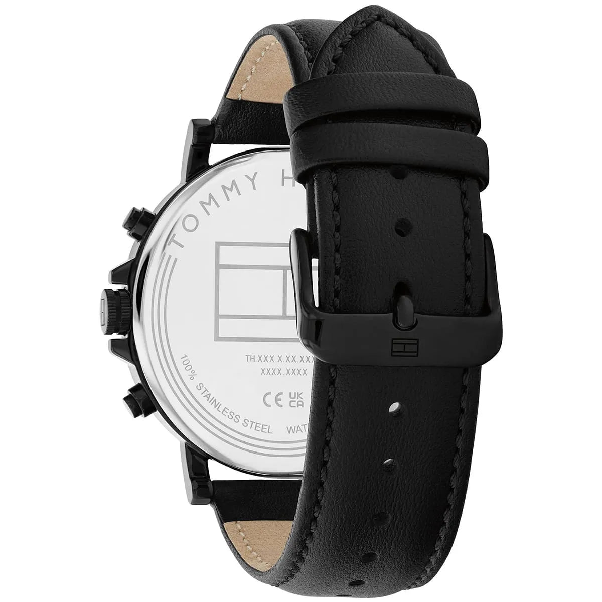 Tommy Hilfiger TYSON watch caseback showing stainless steel case, black leather strap, and watch specifications