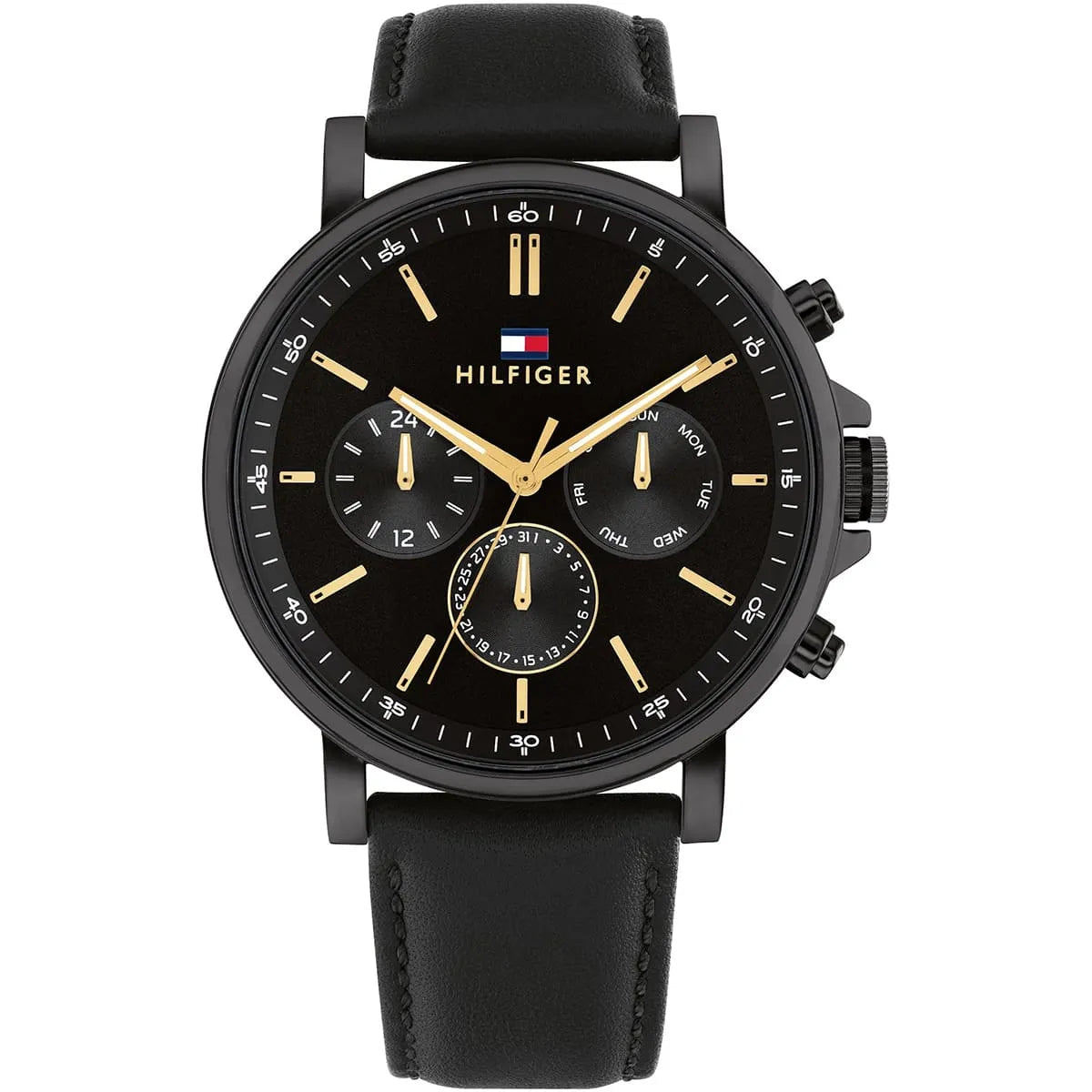 Tommy Hilfiger TYSON black dial chronograph watch with gold markers and hands, black case, leather strap