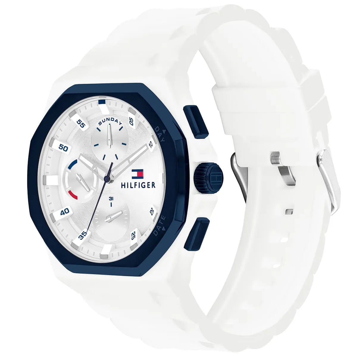 Tommy Hilfiger Neo watch displayed at angle showing white strap and dial detail