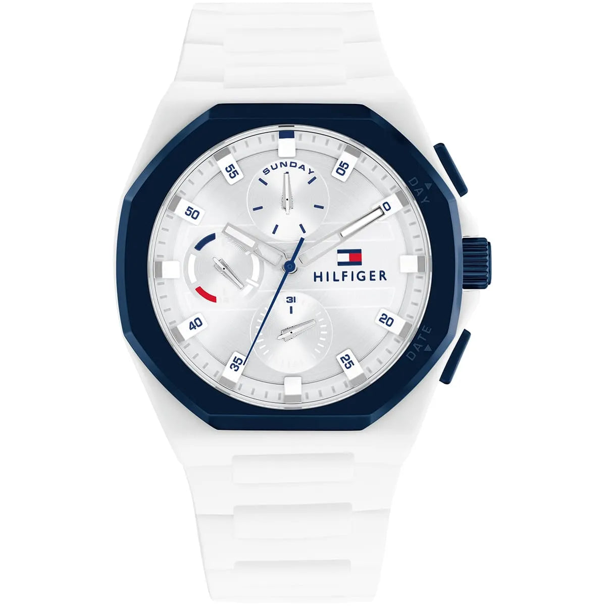 Tommy Hilfiger Neo men's watch with white dial and navy bezel on white rubber strap