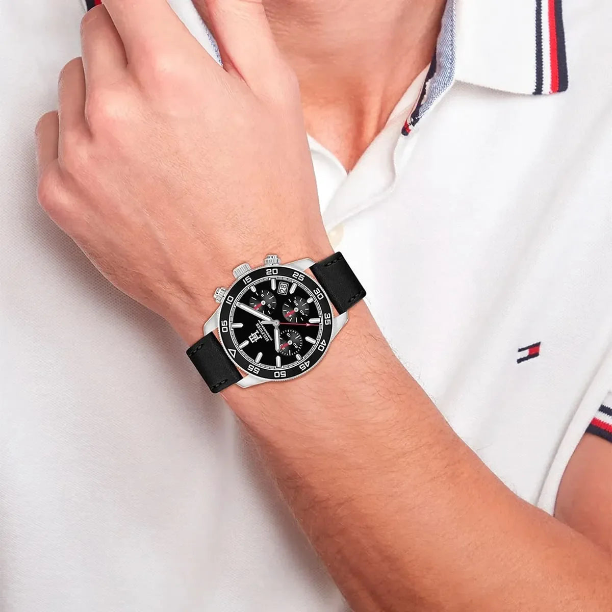Tommy Hilfiger TH85 chronograph watch on wrist with white shirt cuff visible