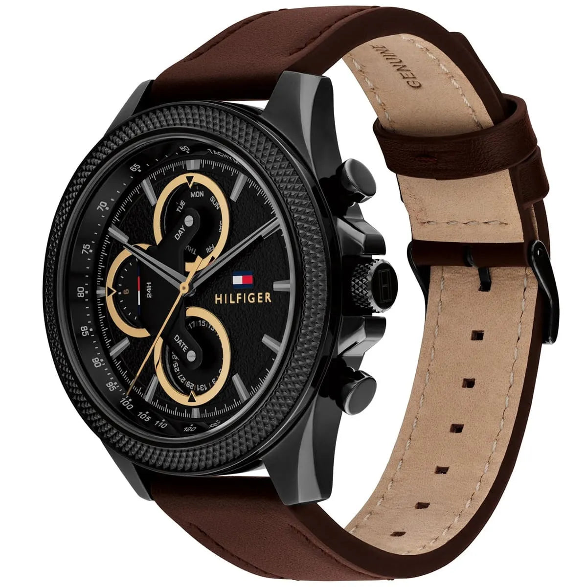 Tommy Hilfiger watch side angle view showing brown leather strap and chronograph pushers
