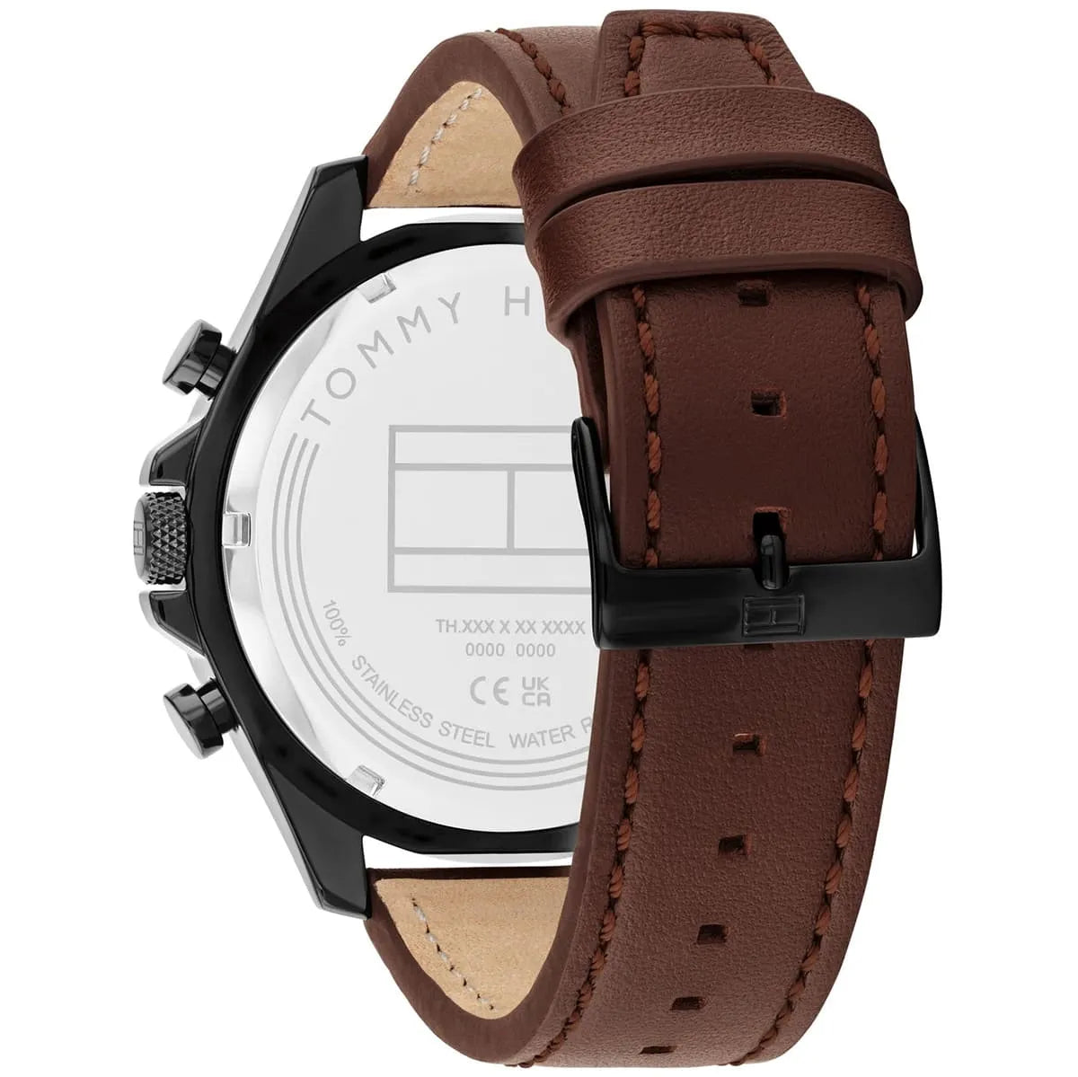 Tommy Hilfiger watch case back showing stainless steel construction and water resistance marking