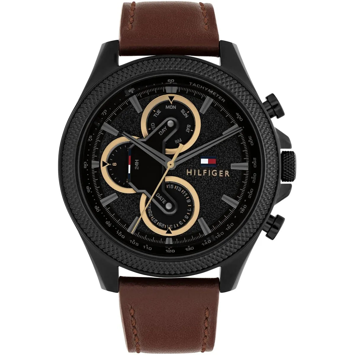 Tommy Hilfiger men's watch with black dial, gold chronograph subdials, and brown leather strap