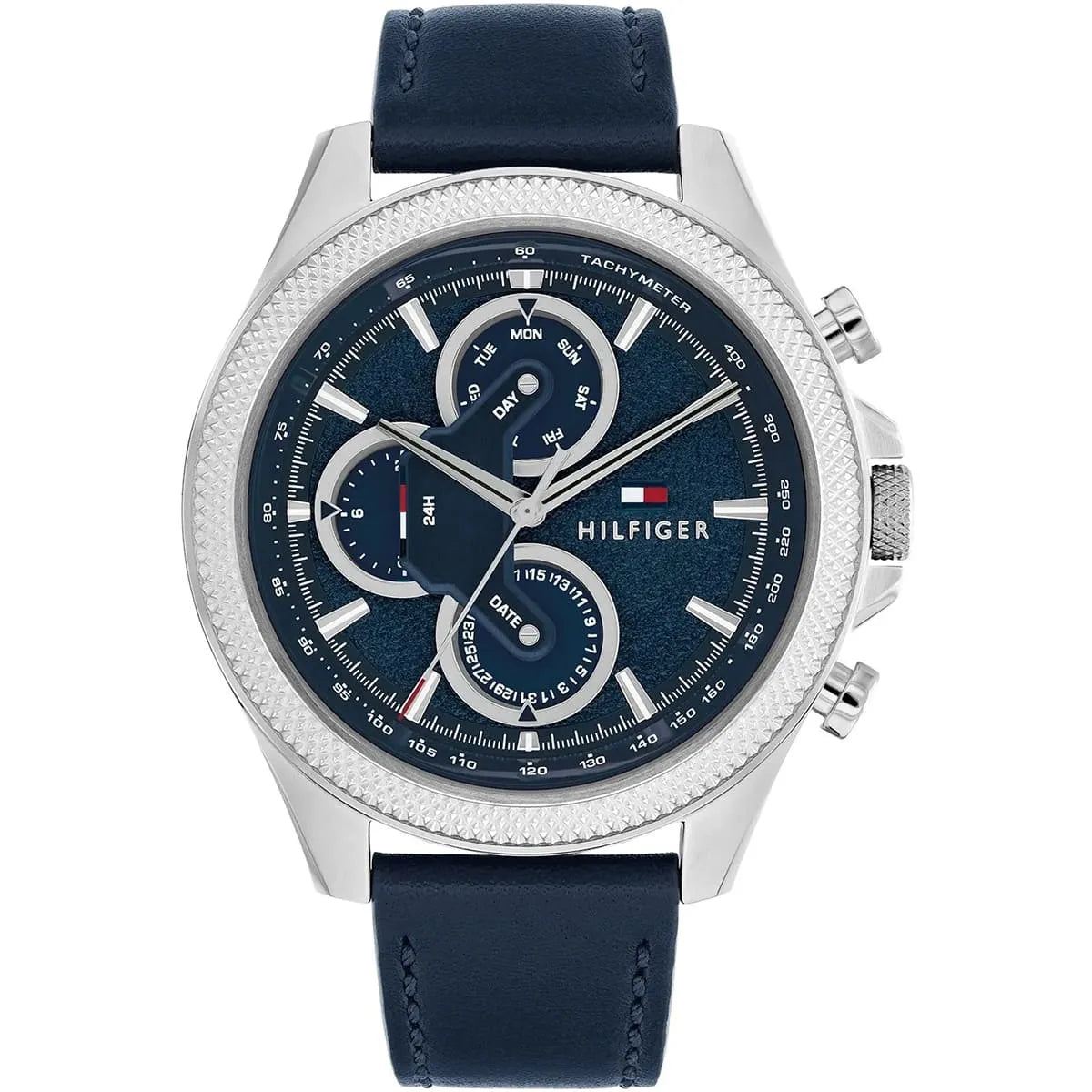 Tommy Hilfiger Clark men's chronograph watch with blue dial and navy leather strap