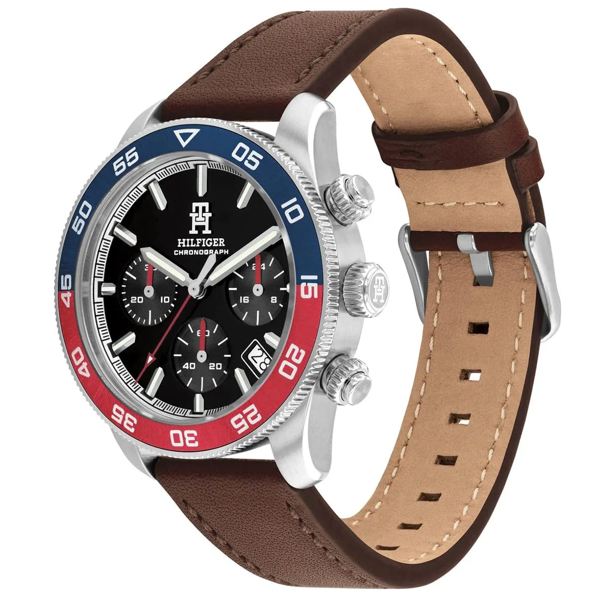 TH85 watch side view showing brown leather strap and chronograph subdials