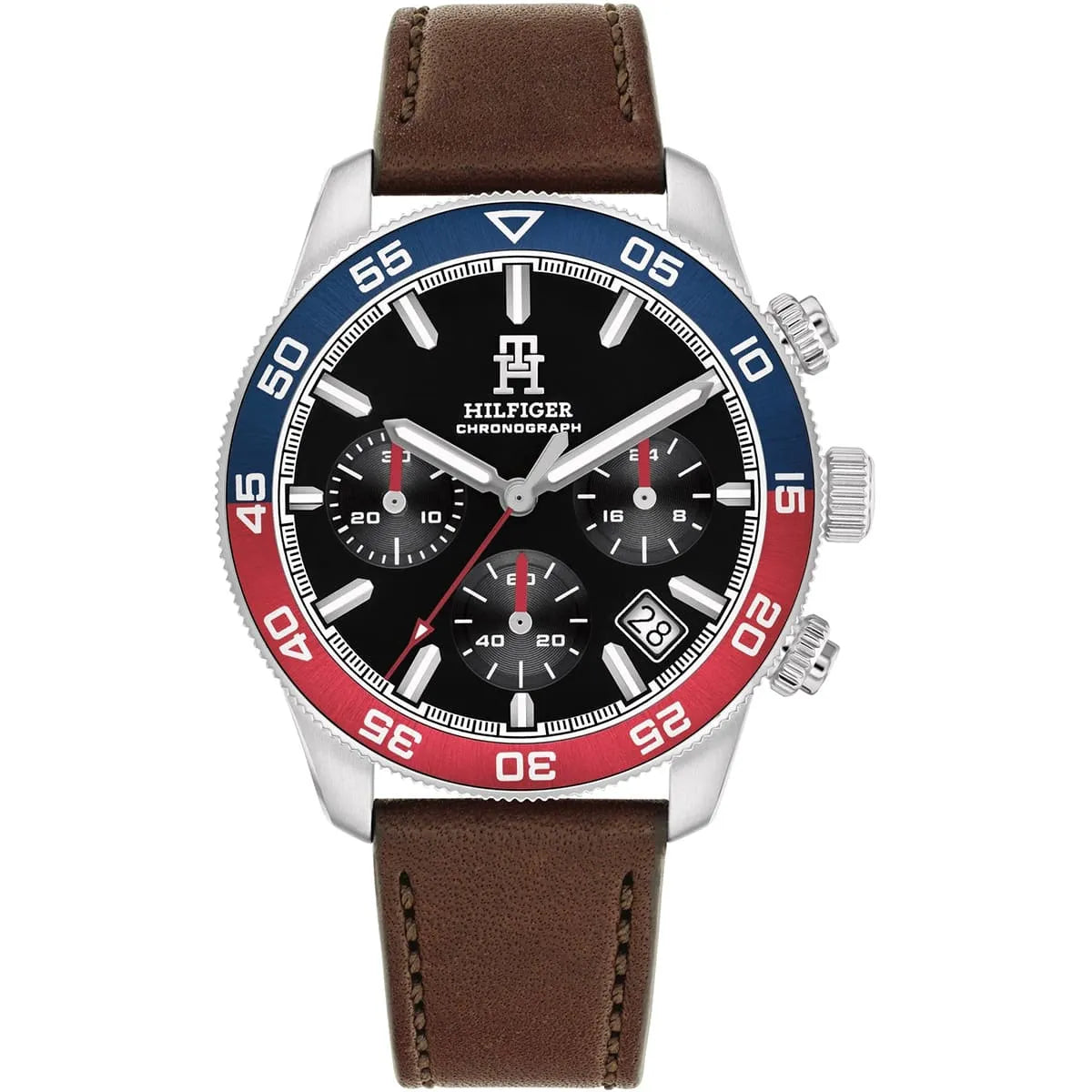 Tommy Hilfiger TH85 chronograph men's watch with black dial and brown leather strap