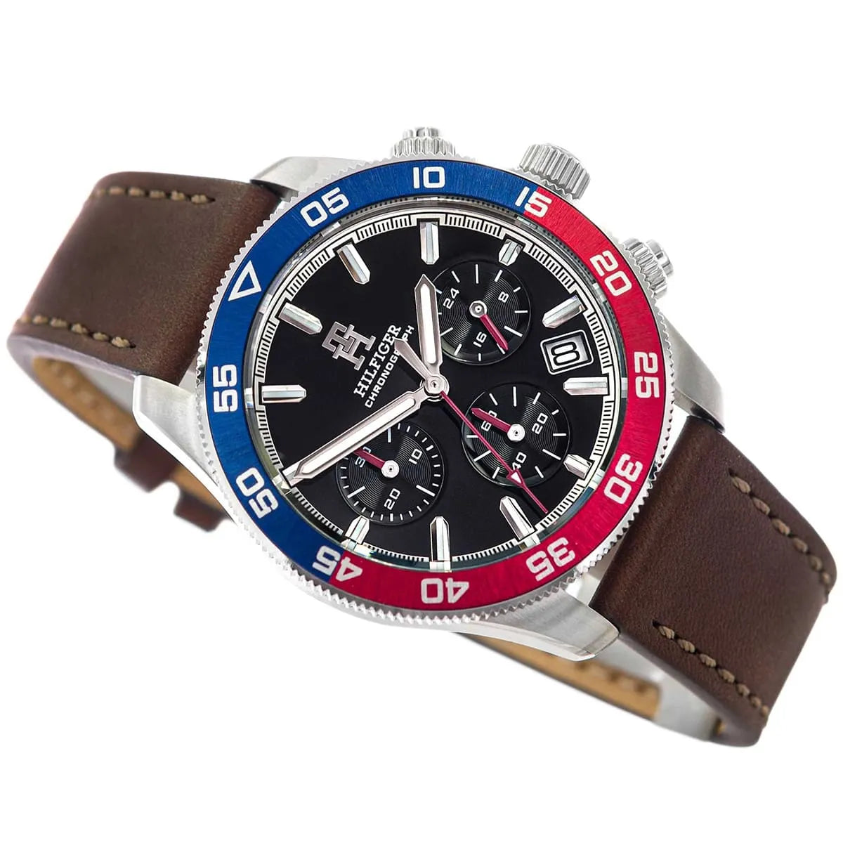Side profile of TH85 watch displaying case thickness and leather band