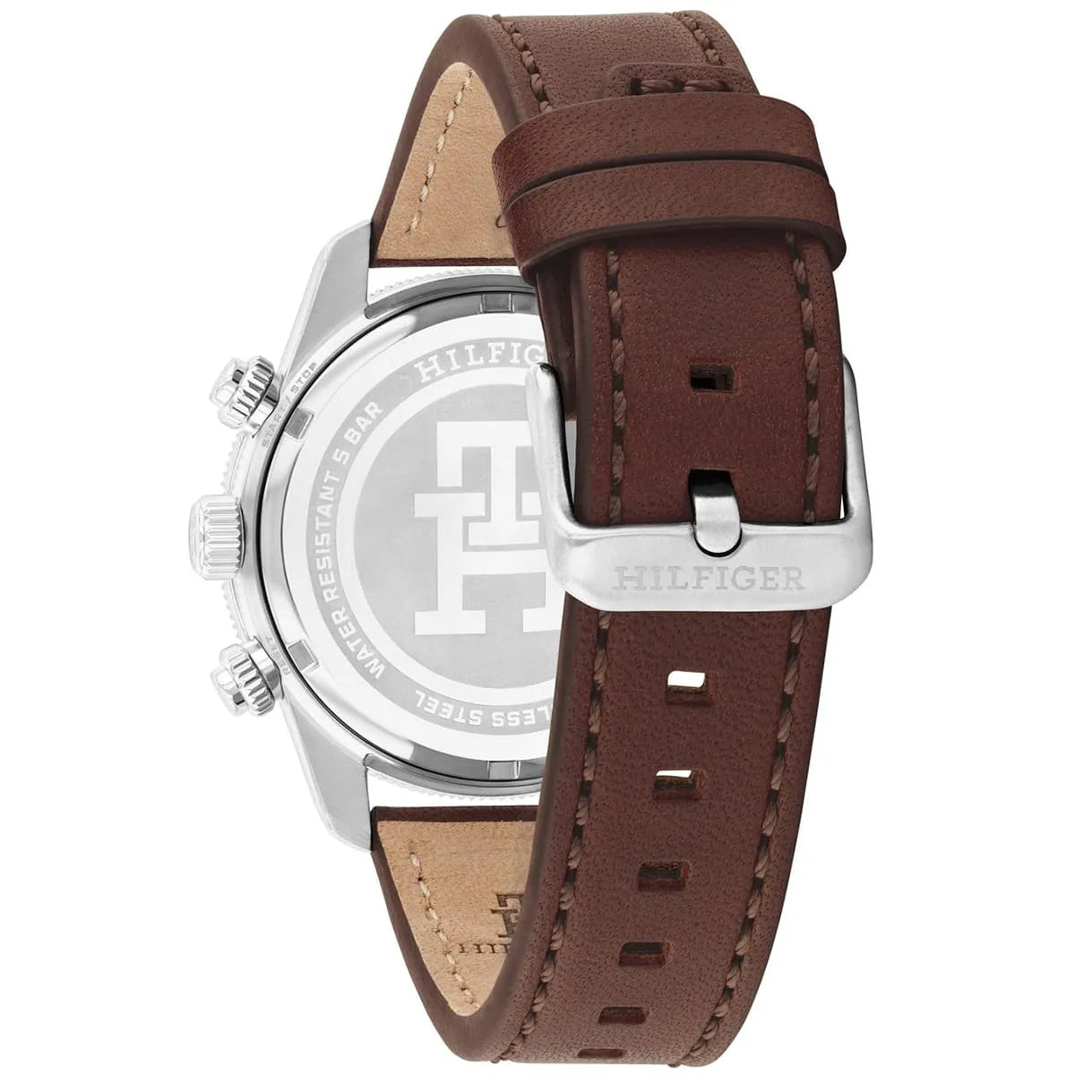 Brown leather strap with white stitching and buckle closure on TH85 chronograph