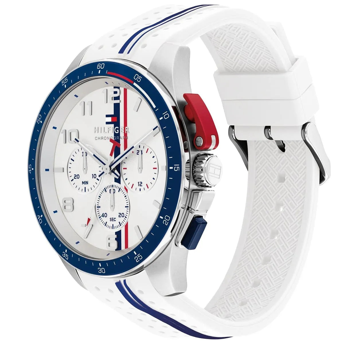 Tommy Hilfiger chronograph watch angled view showing white strap and white dial with chronograph subdials