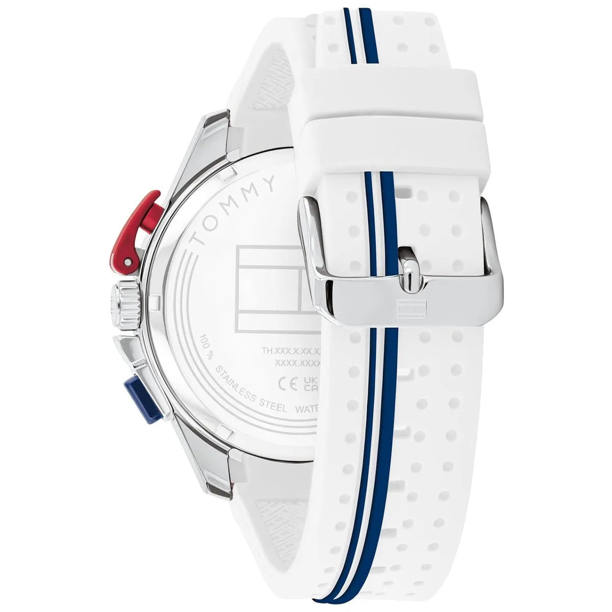 Tommy Hilfiger chronograph watch caseback and side view displaying white silicone strap with stripes