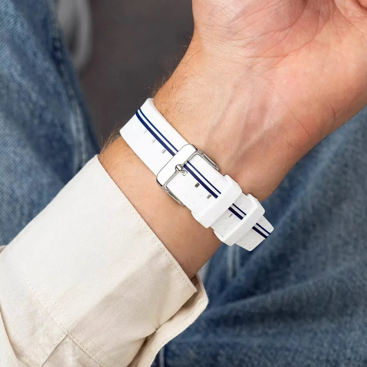 Tommy Hilfiger white silicone strap with navy stripes and deployment clasp detail