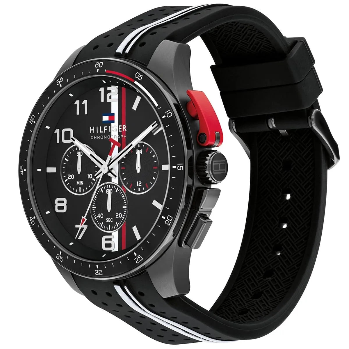 Tommy Hilfiger chronograph watch angled view showing black dial, red chronograph pushers and strap