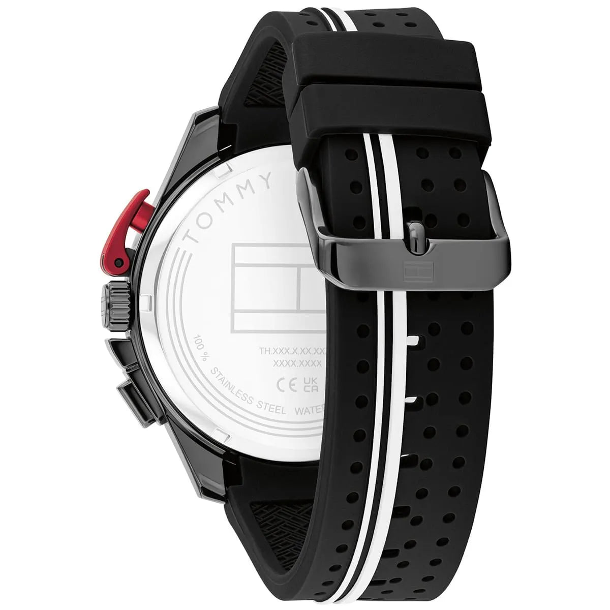 Tommy Hilfiger chronograph watch caseback showing stainless steel water resistance markings