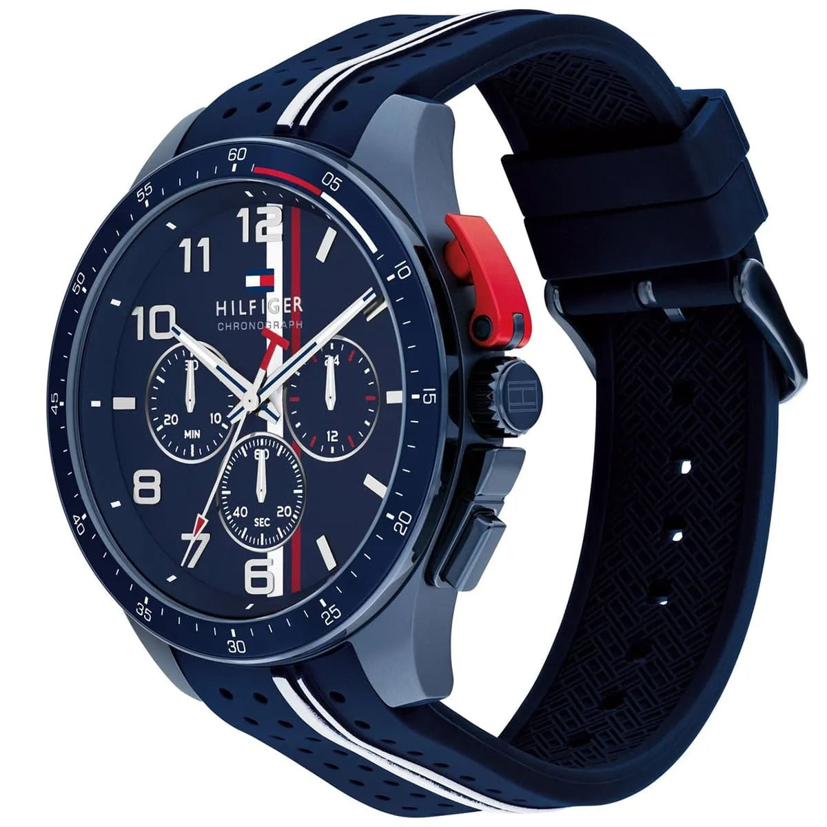 Tommy Hilfiger Bank watch showing blue dial, red pushers, and navy silicon strap