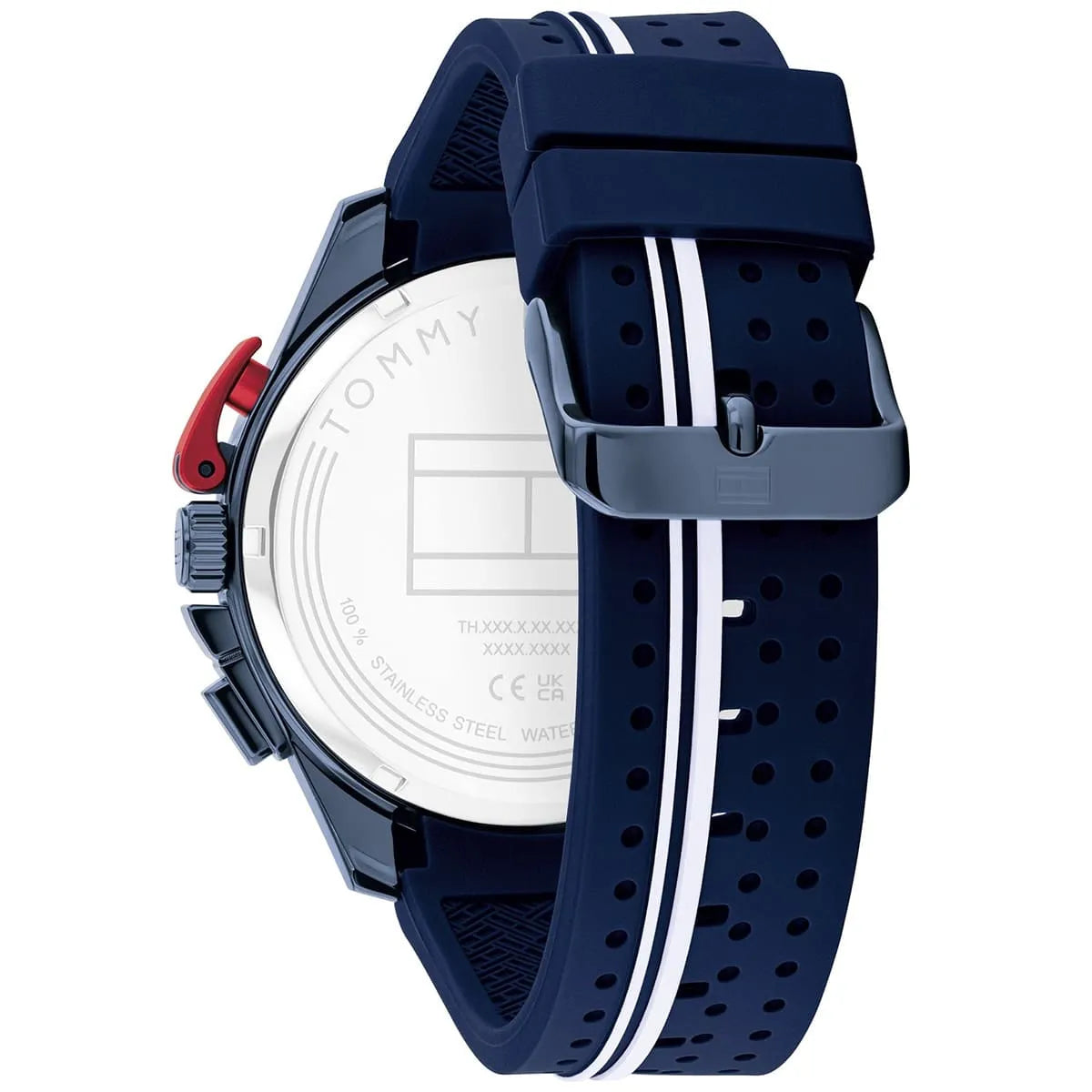 Tommy Hilfiger Bank watch caseback with navy silicon strap visible