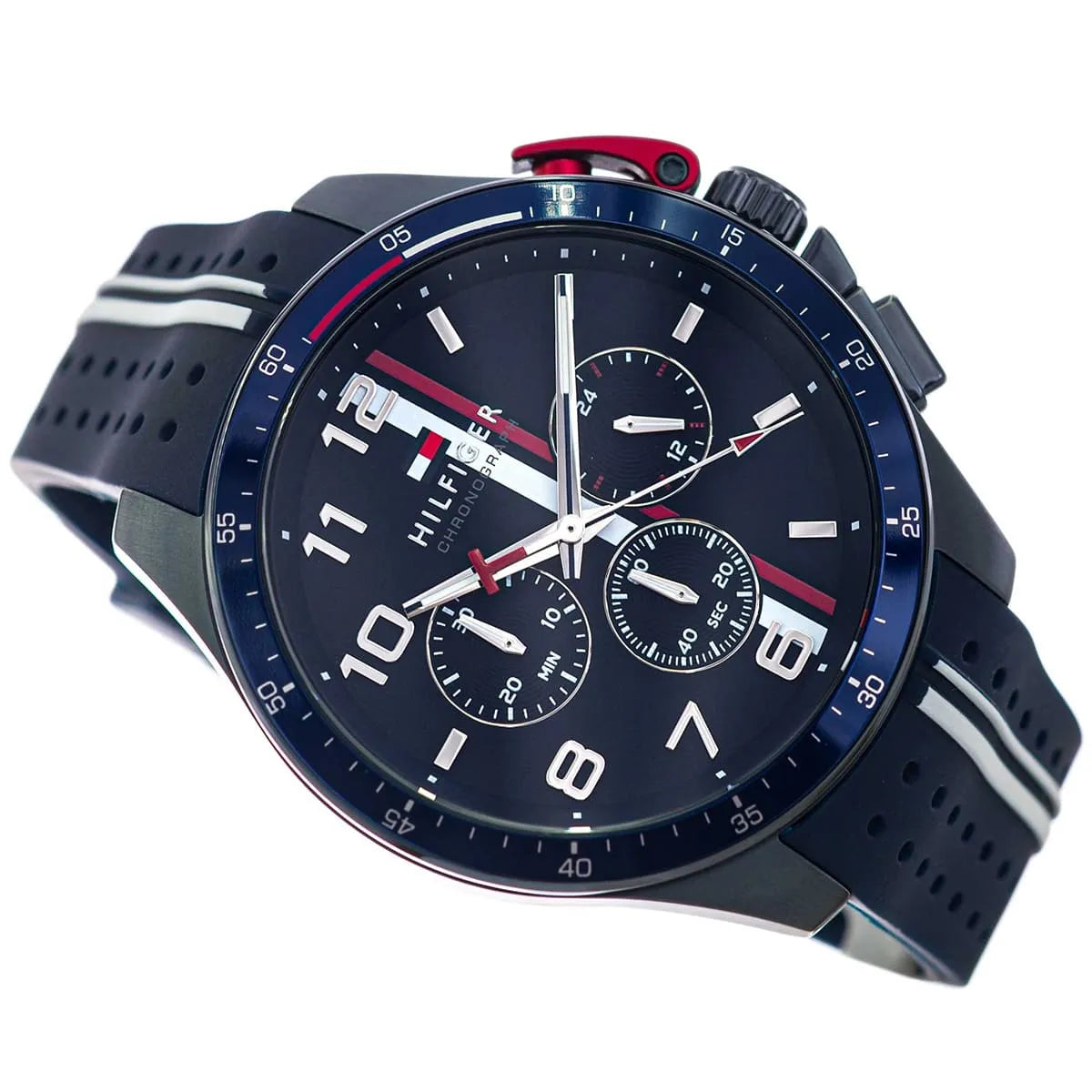 Close-up of Tommy Hilfiger Bank watch dial with chronograph subdials and red accents