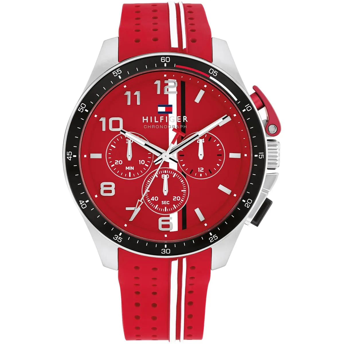 Tommy Hilfiger red chronograph watch with red silicone strap and black bezel