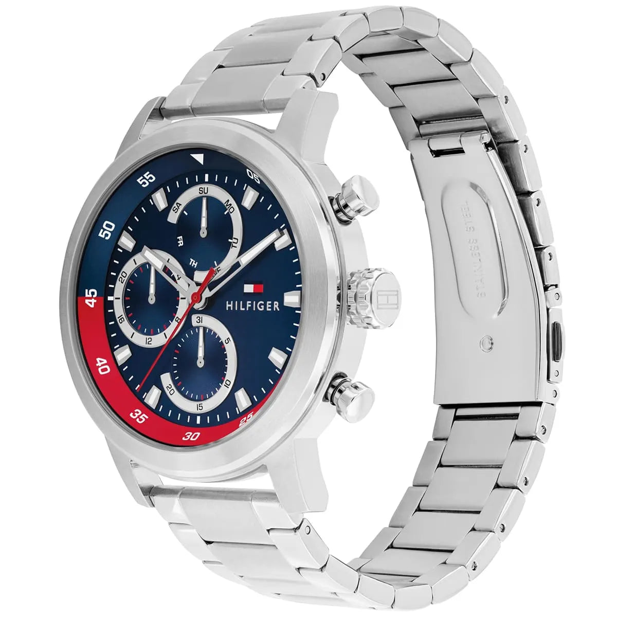 Tommy Hilfiger Rocky watch angled view showing stainless steel bracelet and multifunction chronograph dial