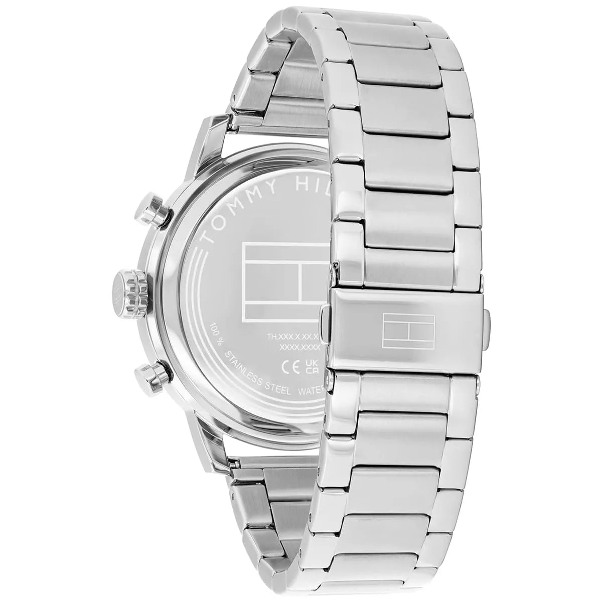 Tommy Hilfiger Rocky watch caseback showing transparent display and stainless steel bracelet detail
