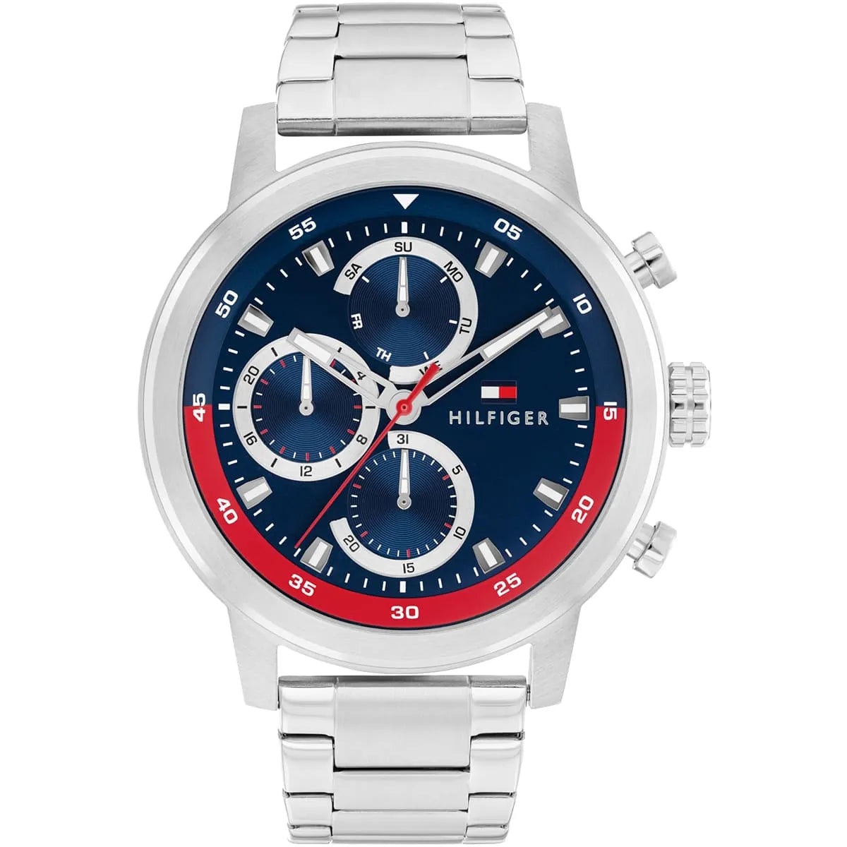 Tommy Hilfiger Rocky 46mm watch with blue dial, red bezel accent, chronograph subdials, silver stainless steel bracelet