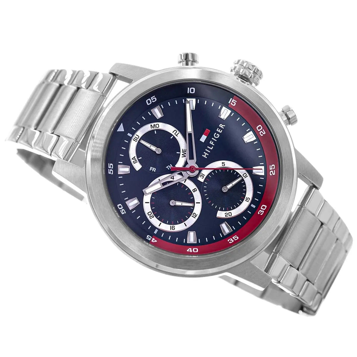 Tommy Hilfiger Rocky watch side view displaying blue dial, red accents, and stainless steel band