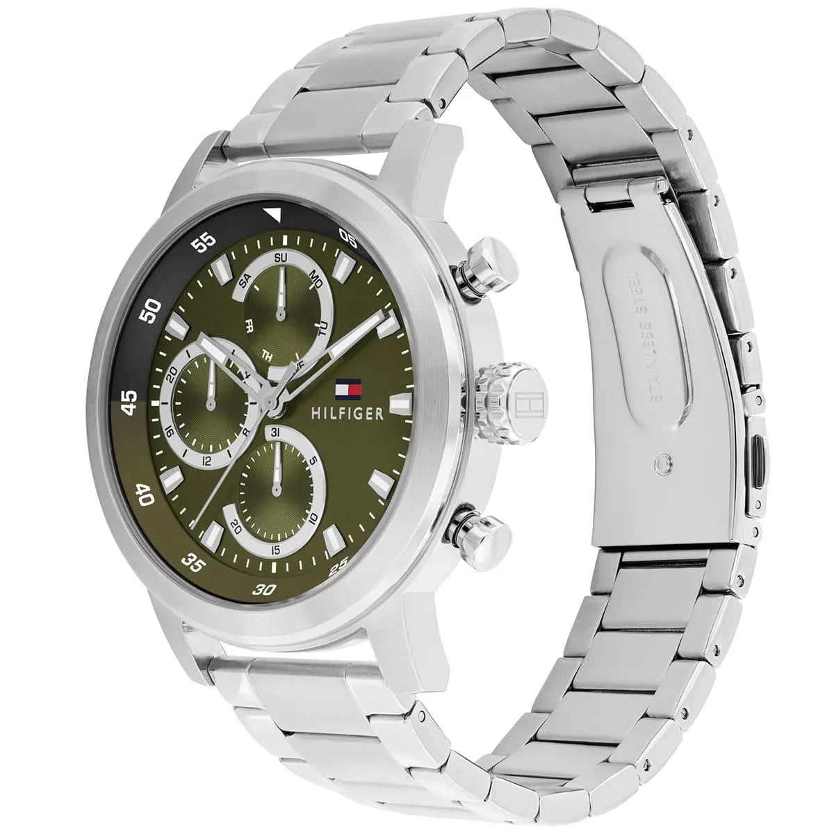 Side angle view of Tommy Hilfiger chronograph with stainless steel metal band