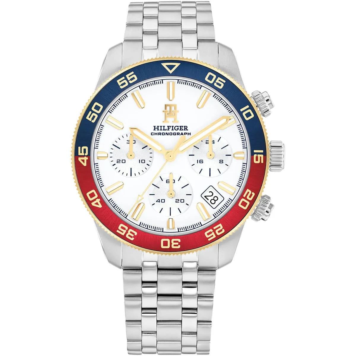Tommy Hilfiger chronograph watch with white dial, blue and red bezel, stainless steel bracelet