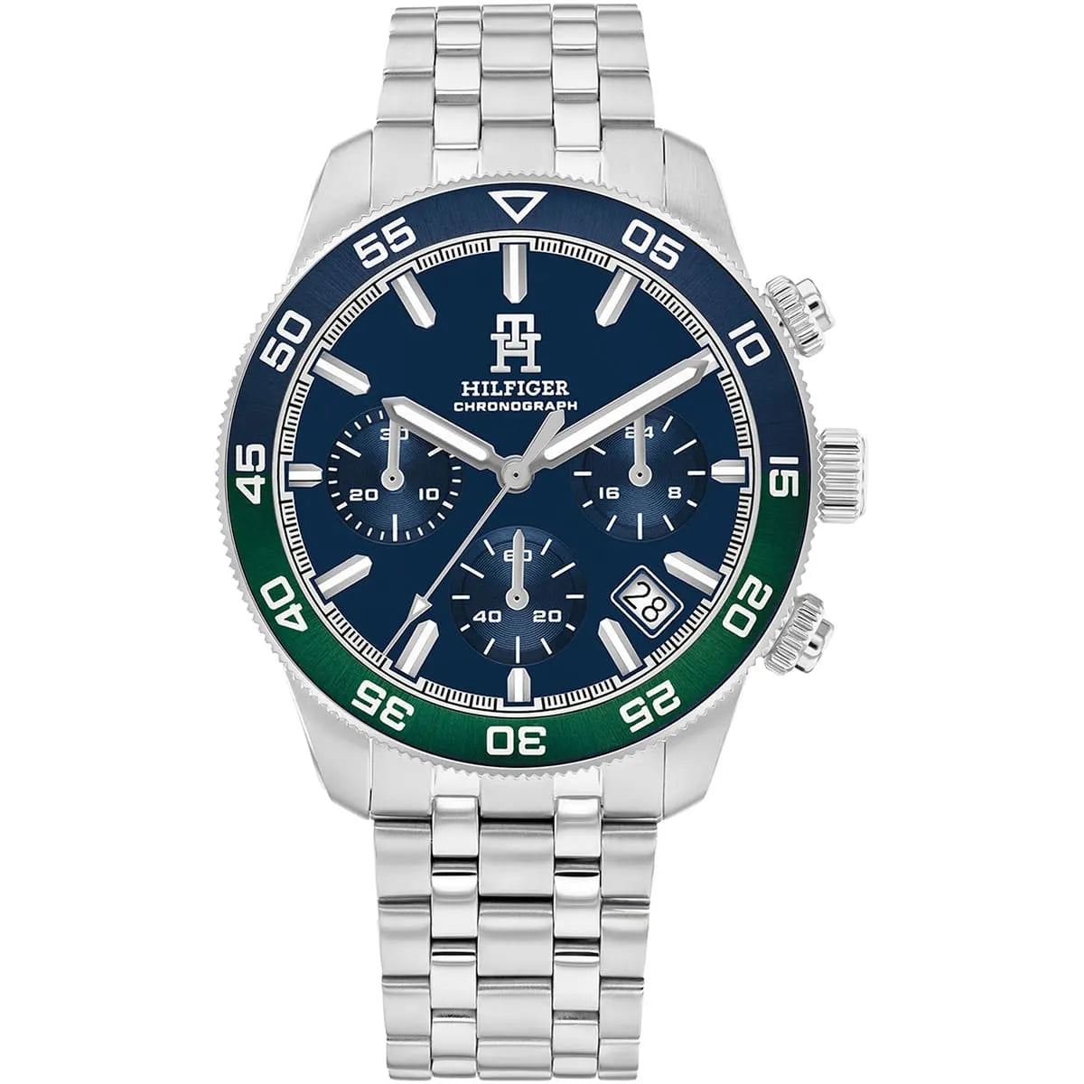 Tommy Hilfiger chronograph watch with blue dial, stainless steel case and bracelet, green and blue rotating bezel
