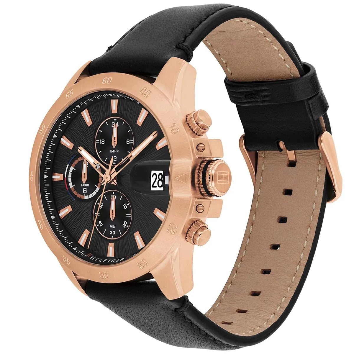 Side angle view of Tommy Hilfiger Jameson watch showing rose gold case and black leather strap