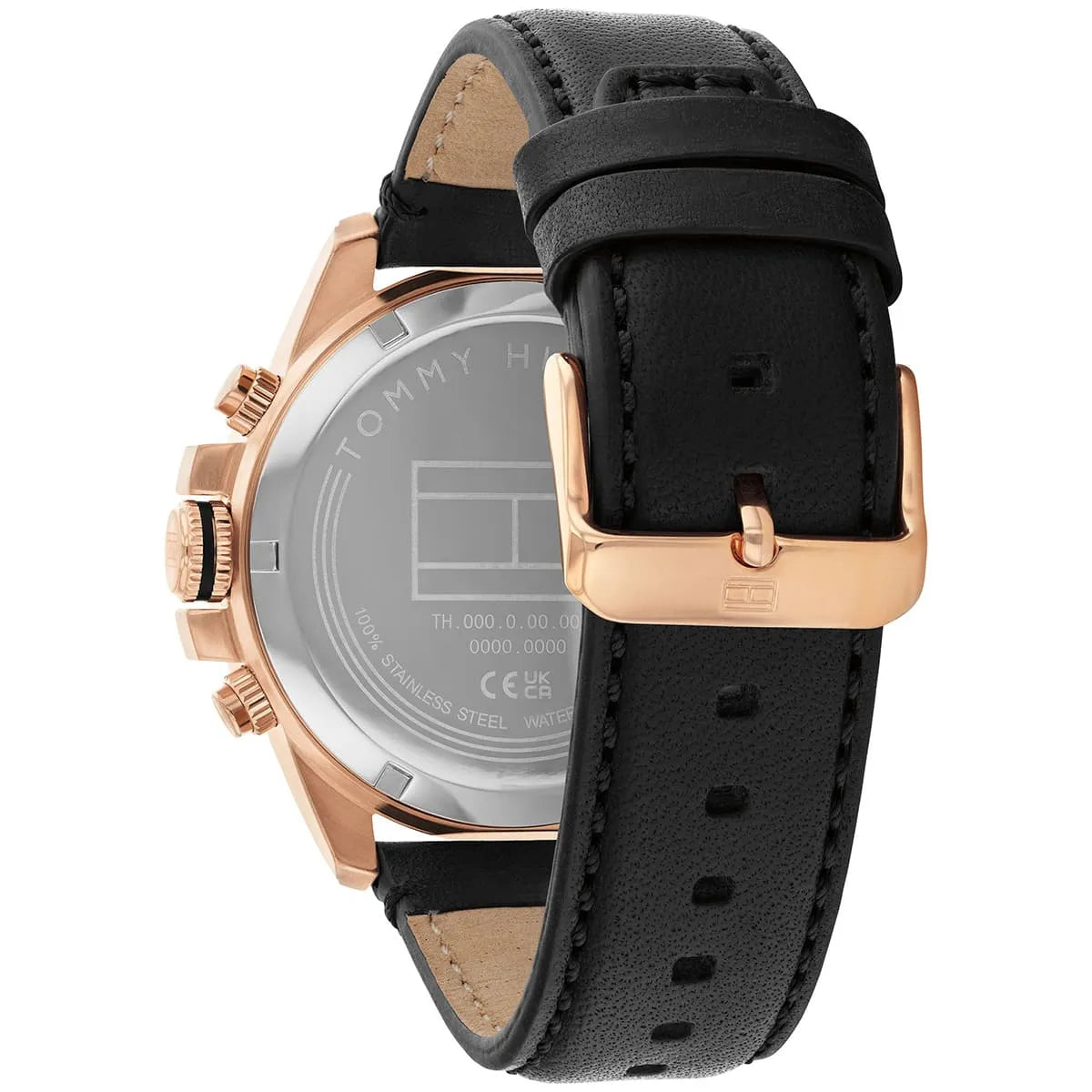 Caseback view of Tommy Hilfiger Jameson watch with transparent display and black leather strap
