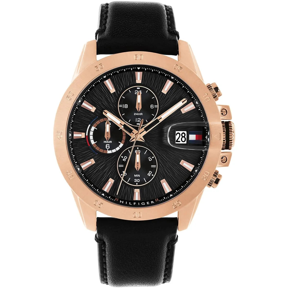 Tommy Hilfiger Jameson chronograph watch with rose gold case, black dial, and black leather strap