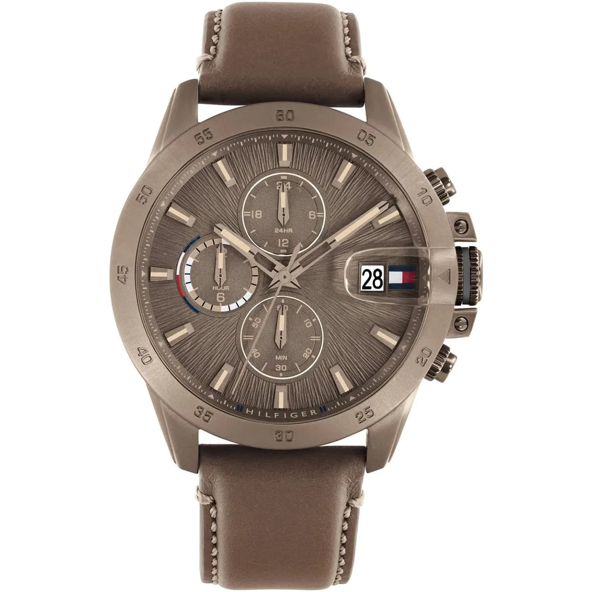 Tommy Hilfiger Jameson men's watch with brown dial, leather strap, and chronograph subdials
