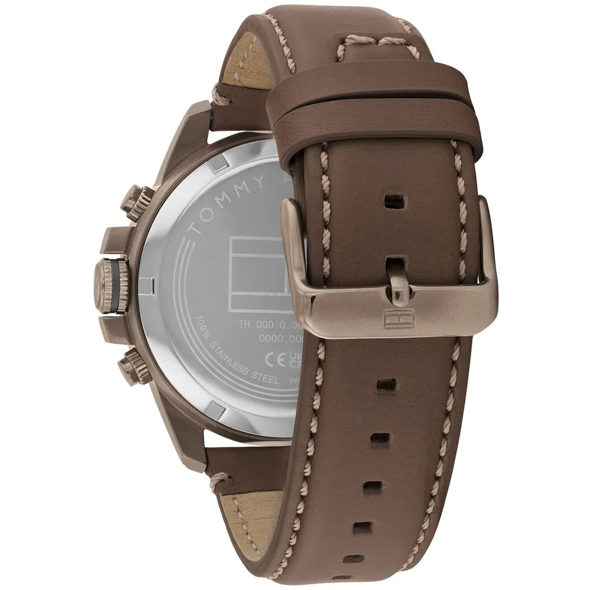 Tommy Hilfiger Jameson watch caseback showing transparent display and stitched leather strap