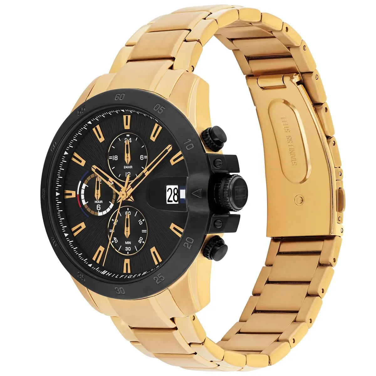 Tommy Hilfiger Jameson watch angled view showing gold bracelet and black chronograph case